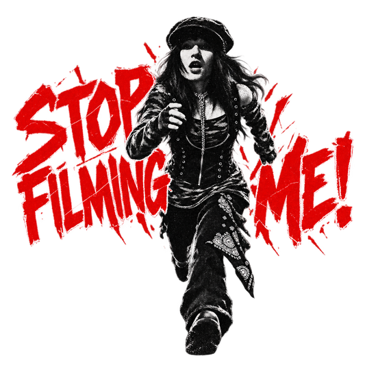 Running Person with 'STOP FILMING ME!'