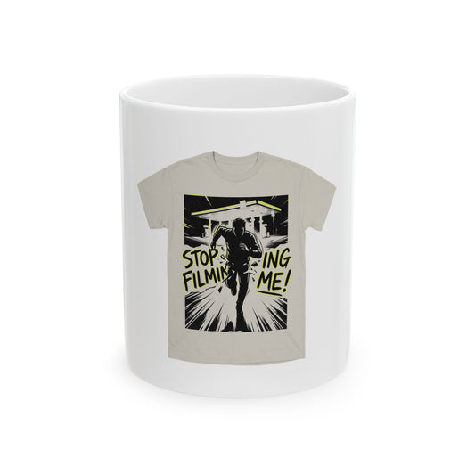 Stylized Running Figure with 'STOP FILMING ME!'