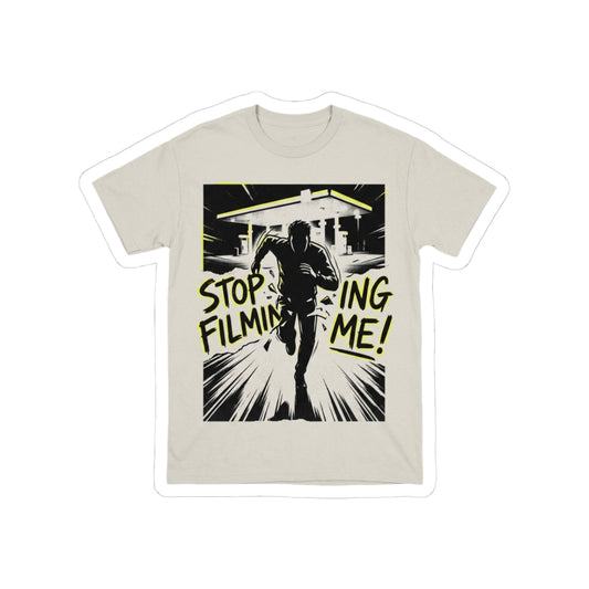 Stylized Running Figure with 'STOP FILMING ME!'